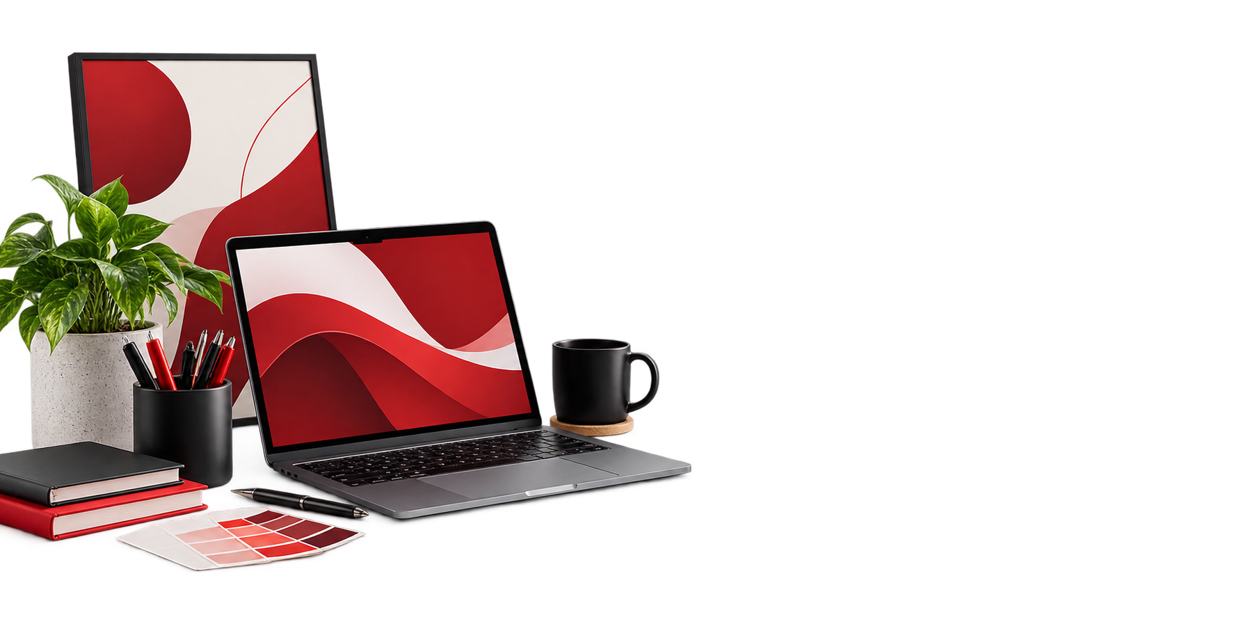 Creative studio workspace with laptop and design materials